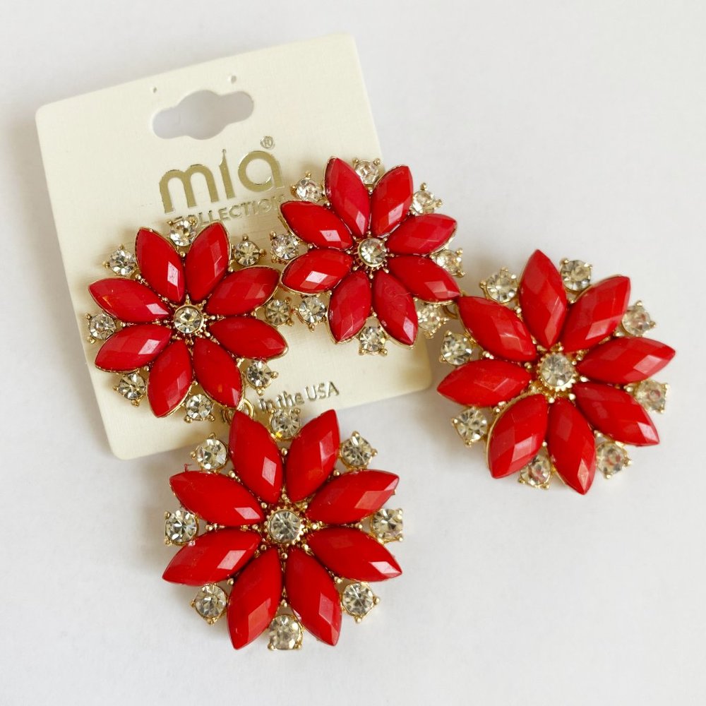 Mia Fashion Red Flowers Earring with Diamonds